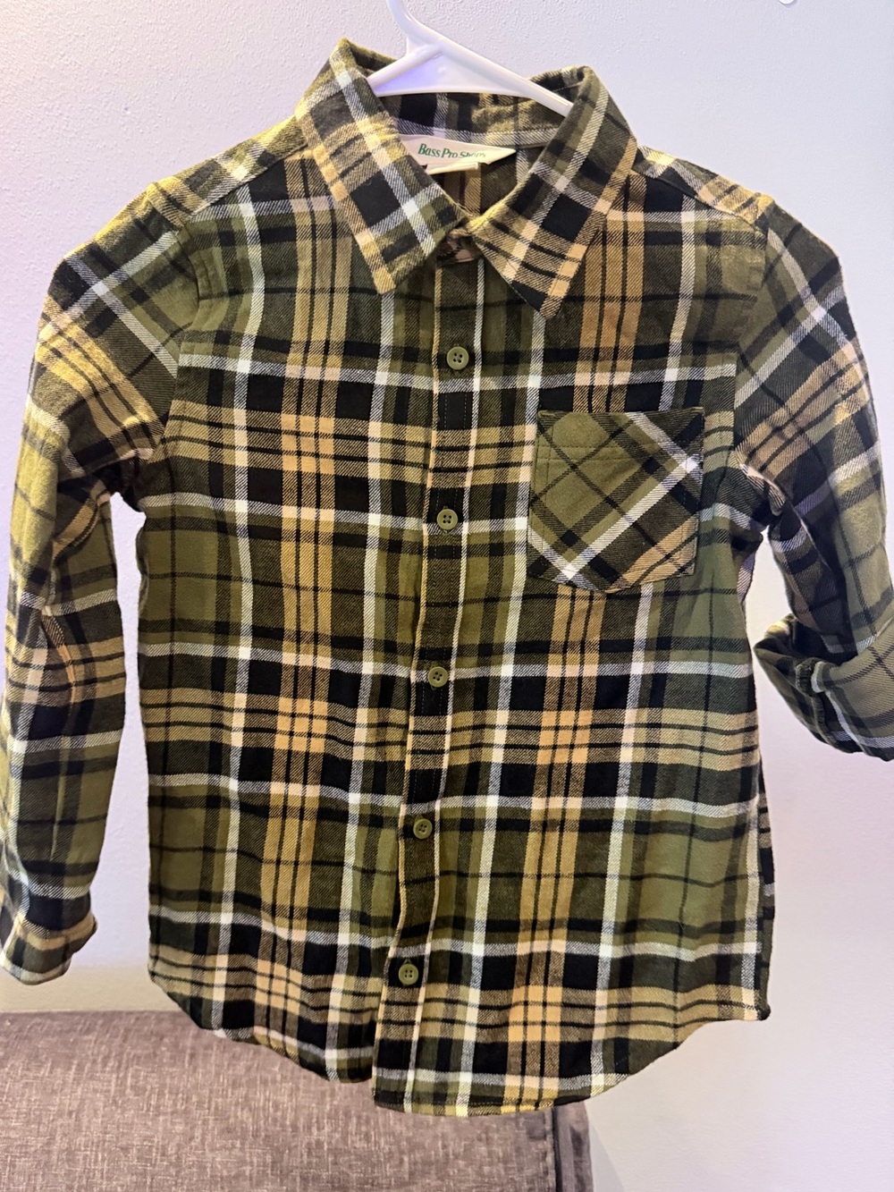 Bass Pro Shops Olive and Black Plaid Button-Down Shirt
